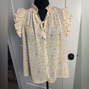 Current air Anthropologie Floral Ruffle sleeve split neckline Blouse